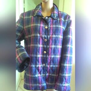 LIKE NEW COACH PLAID JACKET QUILTED LINED MONOGRAM BLUE PINK BLACK SZ.LG